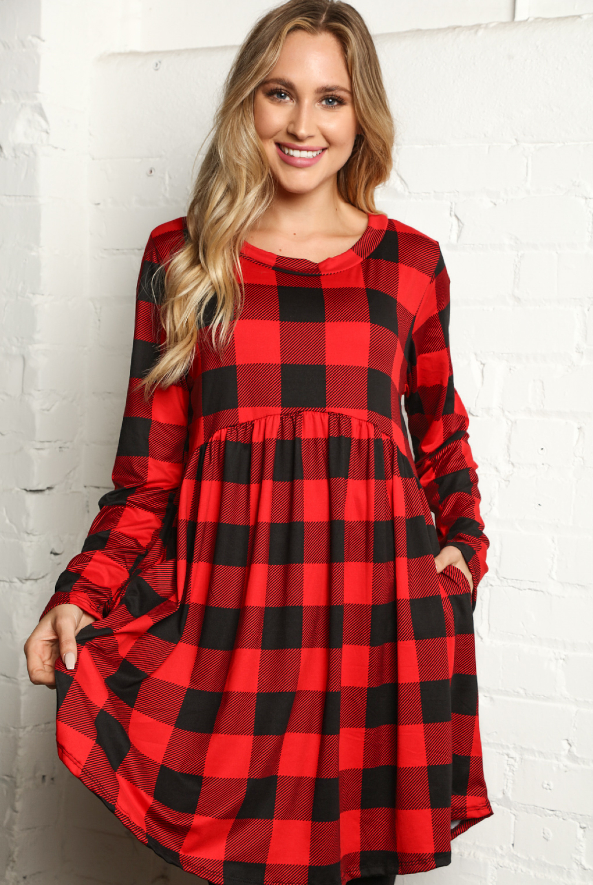 PLAID BABYDOLL SWING DRESS WITH POCKETS